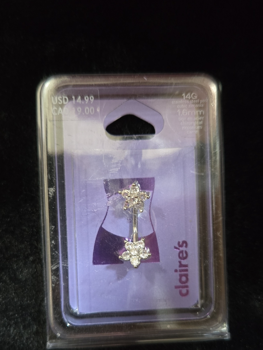 Claire’s Silver Cubic Zirconia Flower Belly Ring 14G NWT - Picture 2 of 4